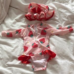 Pink Strawberry Baby Swimsuit with Headband